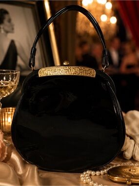 Vintage Lewis Black Patent Handbag 1960s Gold Hardware Structured Top Handle